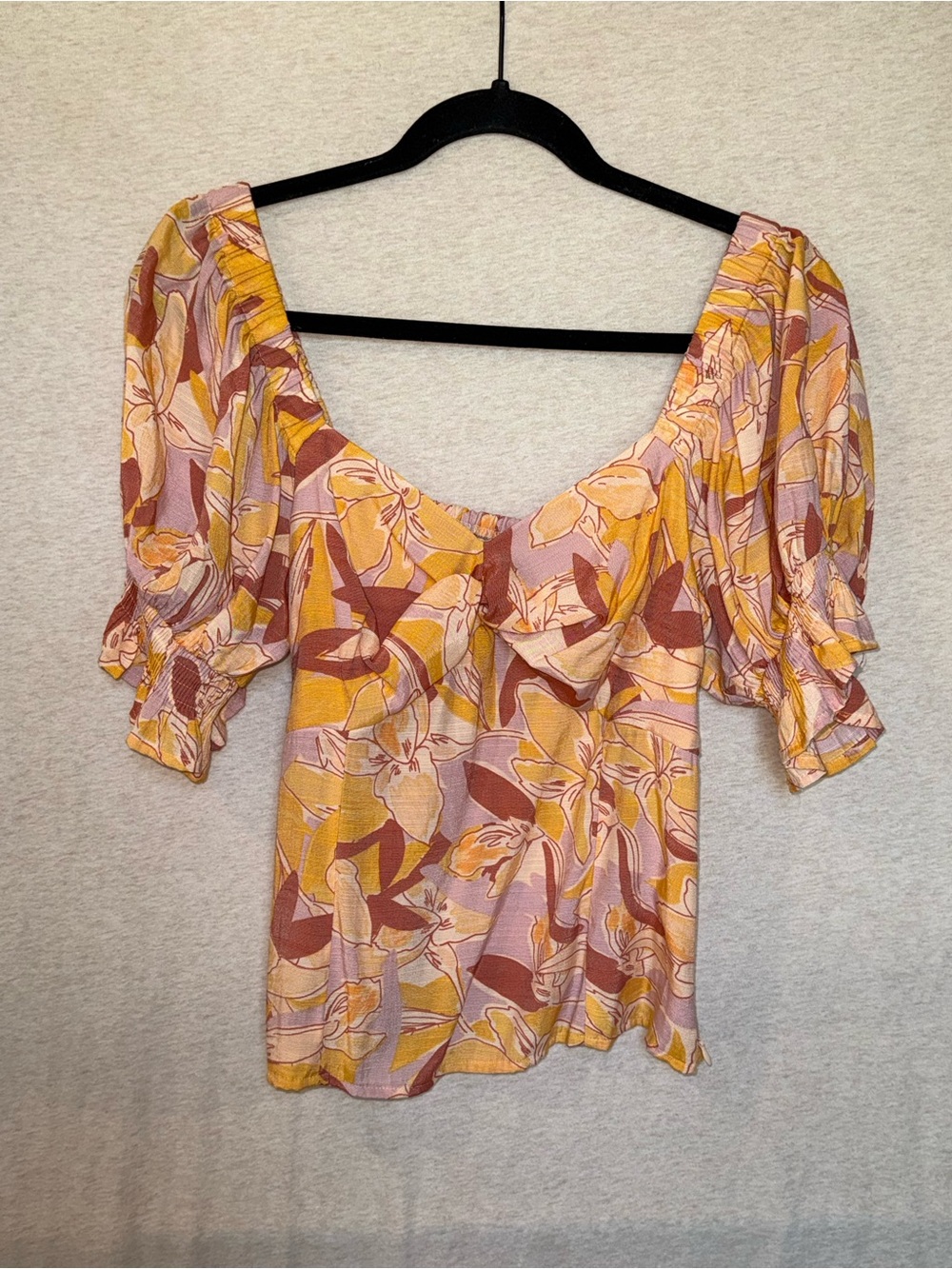 Nine West Floral Puff Sleeve Square-Neck Blouse in Pink & Yellow